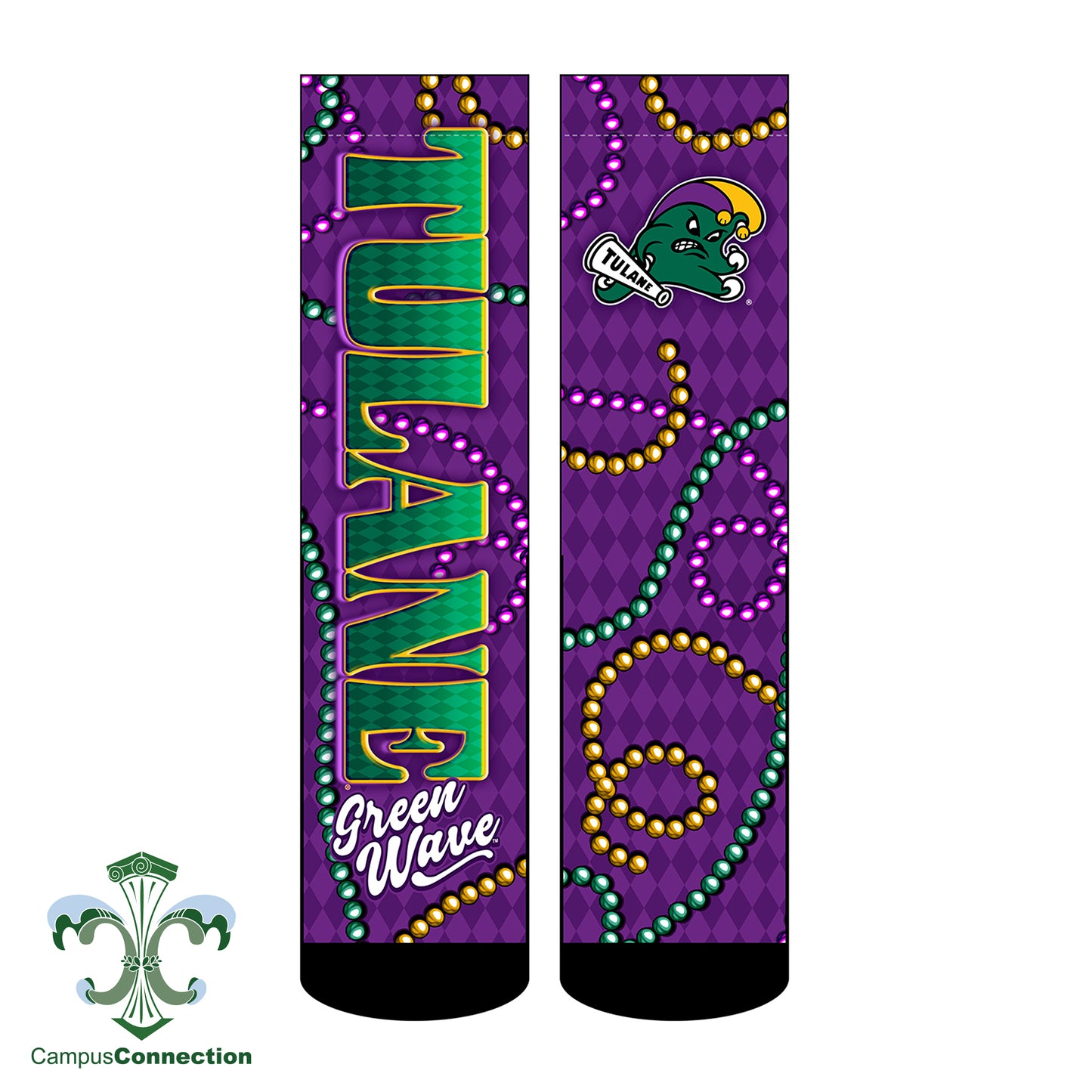 Tulane Mardi Gras Jester Wave Socks - Wordmark