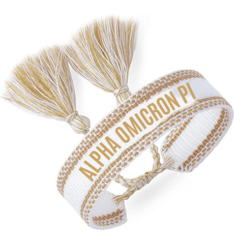 Alpha Omicron Pi Woven Bracelet, White and Gold Design