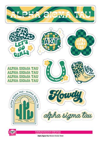 Alpha Sigma Tau Sticker Sheet - Western Disco Design