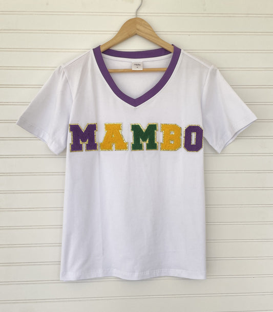 Mambo Chenille Letter Ringer V-Neck
