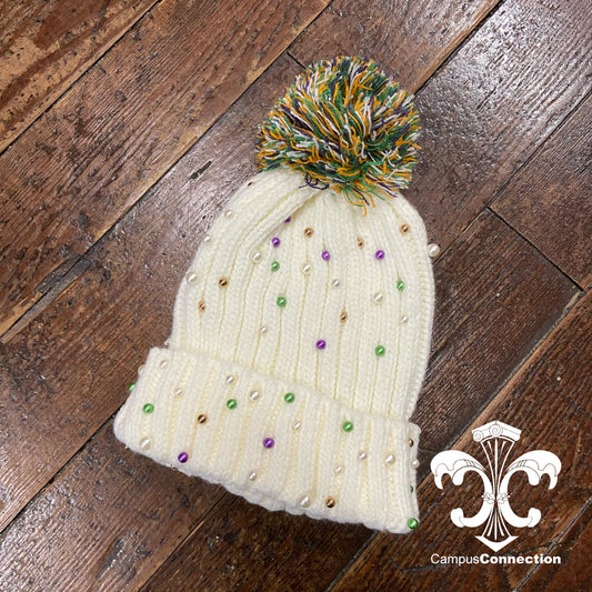 Mardi Gras Pom Pom Beanie w/ Pearls