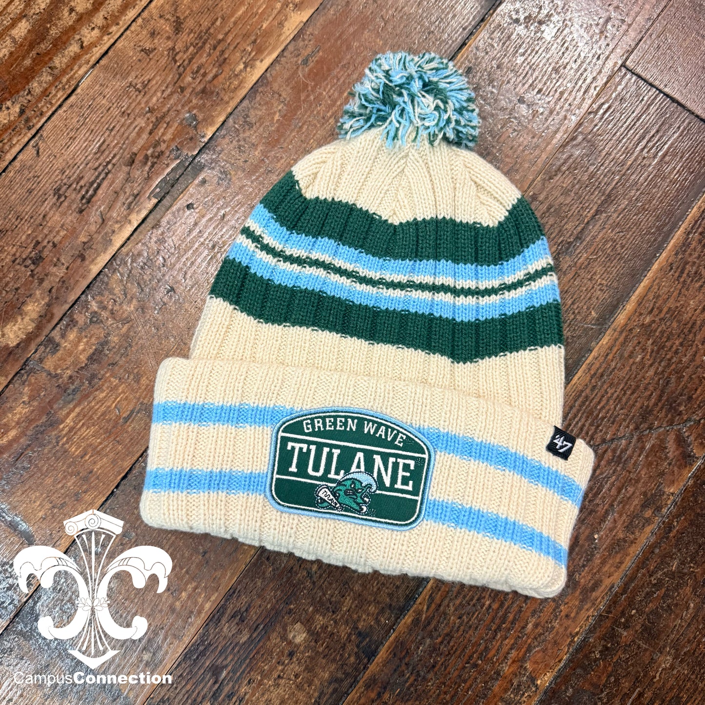 Tulane Hone Patch Knit Cuff Pom Pom Beanie