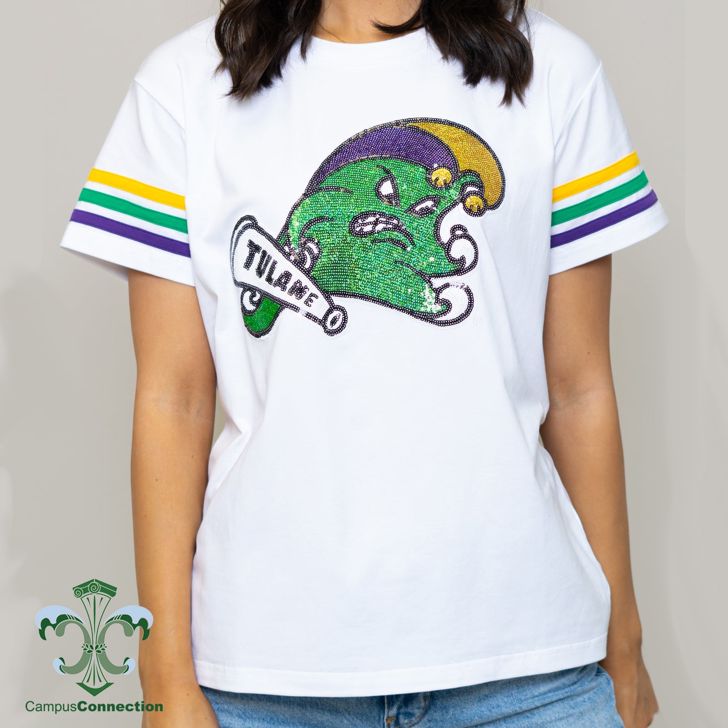 Tulane Mardi Gras Jester Wave Sequin Stripe Tee