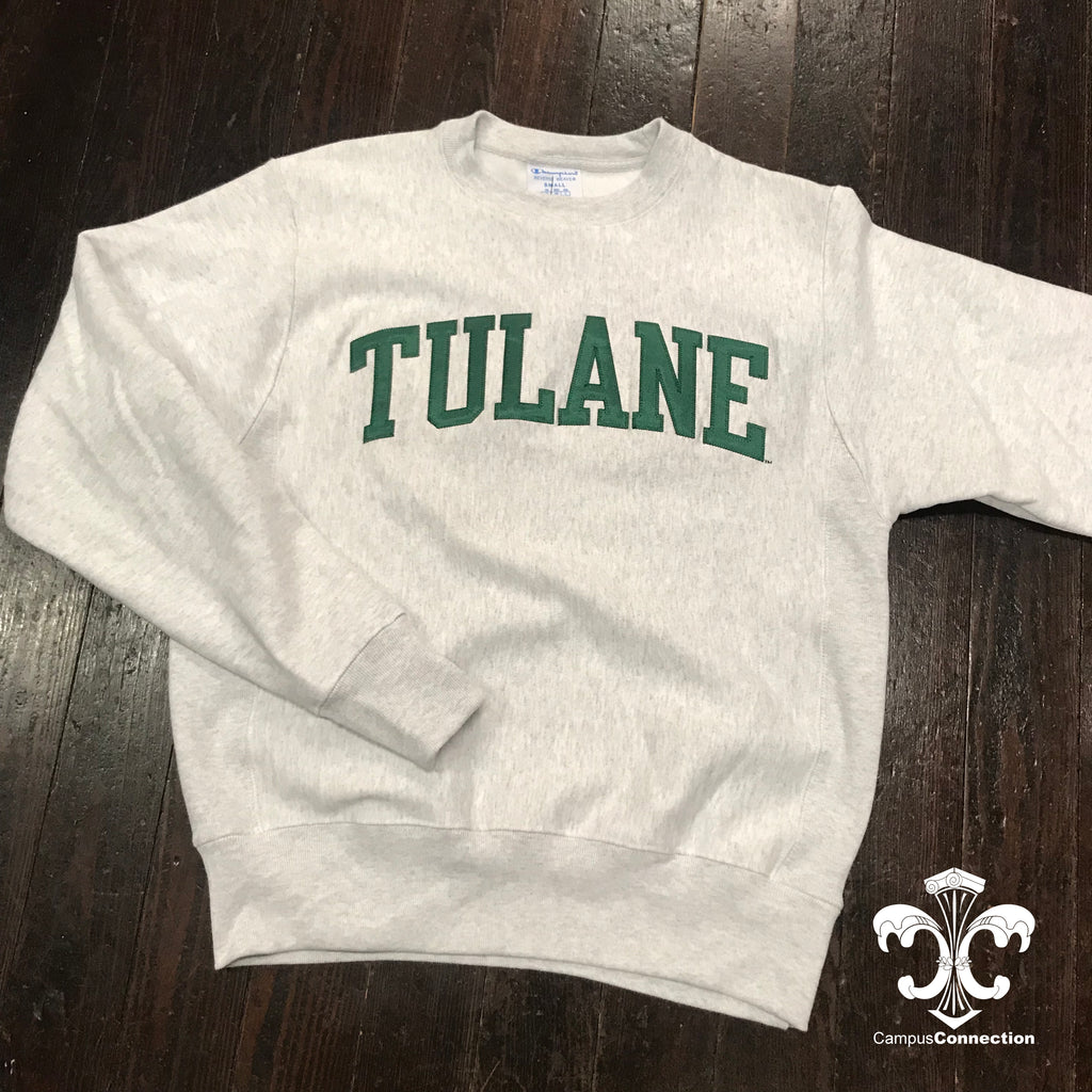 Tulane Champion Reverse Weave Sewn-Letter Crewneck Sweatshirt - Light Grey