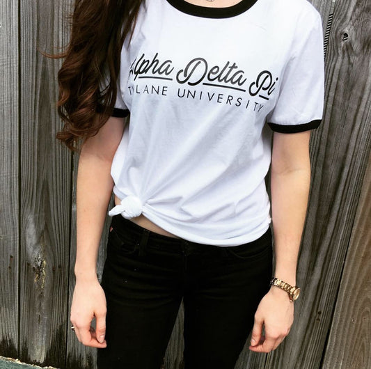 Sorority Ringer Tee with Smart and Scripty Design