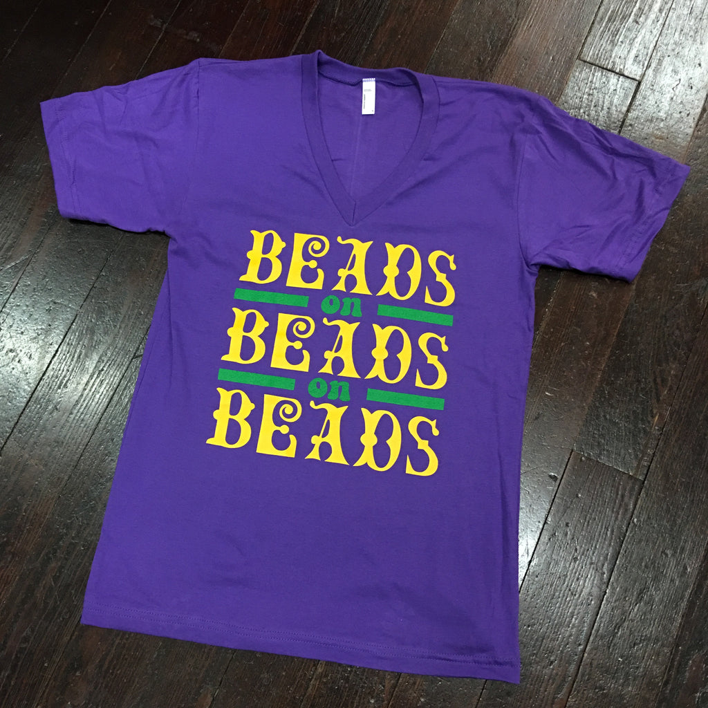 Beads on Beads Mardi Gras American Apparel V-Neck - Purple - Campus Connection - Campus Connection