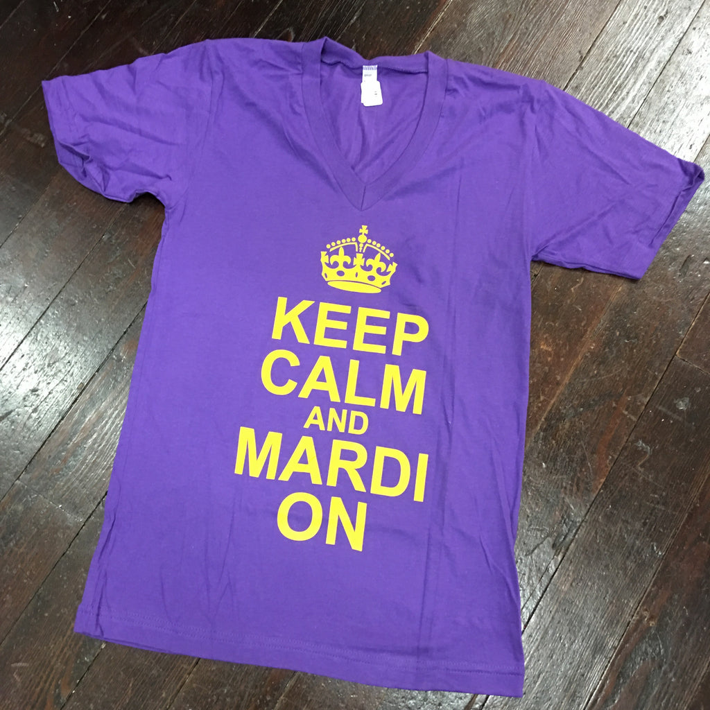 Keep Calm and Mardi On American Apparel V-Neck - Purple - Campus Connection - Campus Connection